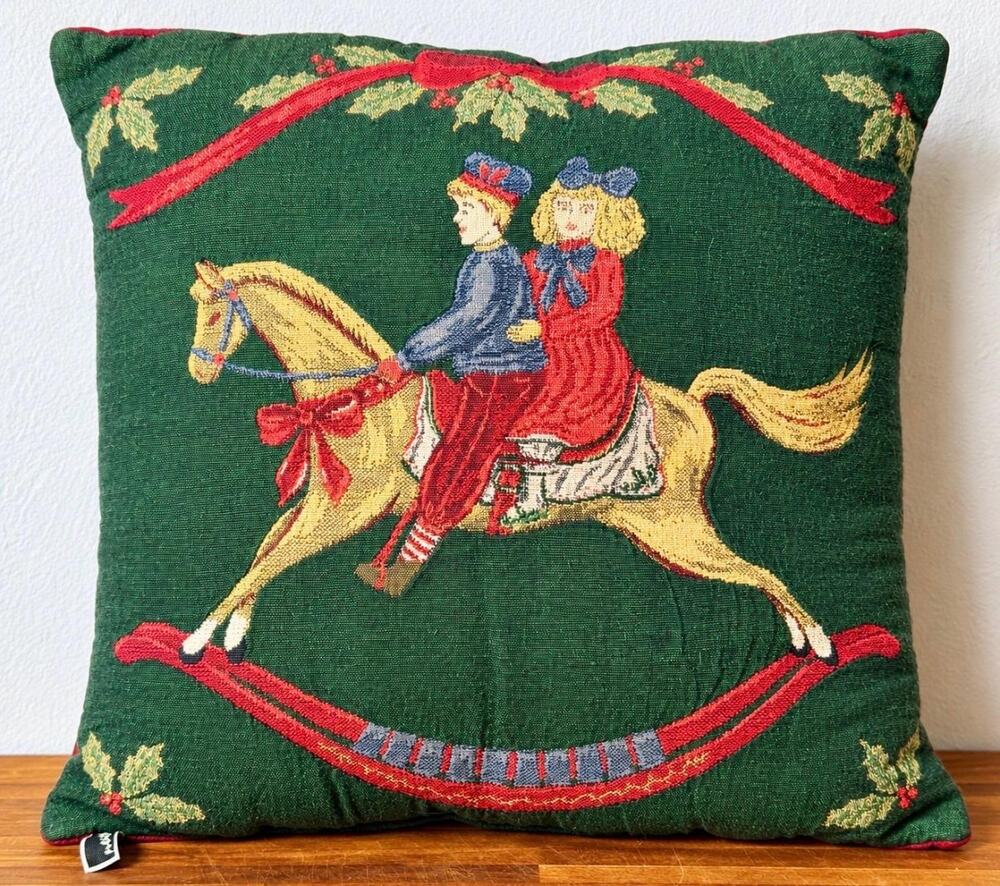 Vintage Christmas Tapestry Pillow | Children on Rocking Horse, Victorian Holiday
